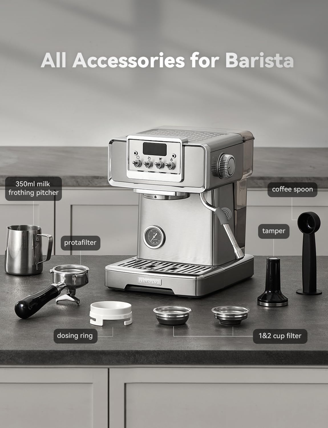 Neretva Espresso Coffee Machine, Professional Espresso Machine with Pressure Gauge 15Bar Retro Espresso Maker with Power Milk Frother Stainless Steel for Home Barista Latte and Cappuccino Maker-Silver