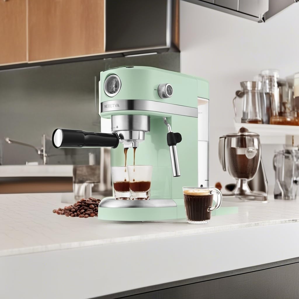 Neretva 20 Bar Espresso Coffee Machine with Steam Wand for Latte Espresso and Cappuccino, Compact Espresso Maker For Home Barista, 1350W Premium Italian High Pressure - Mint Green