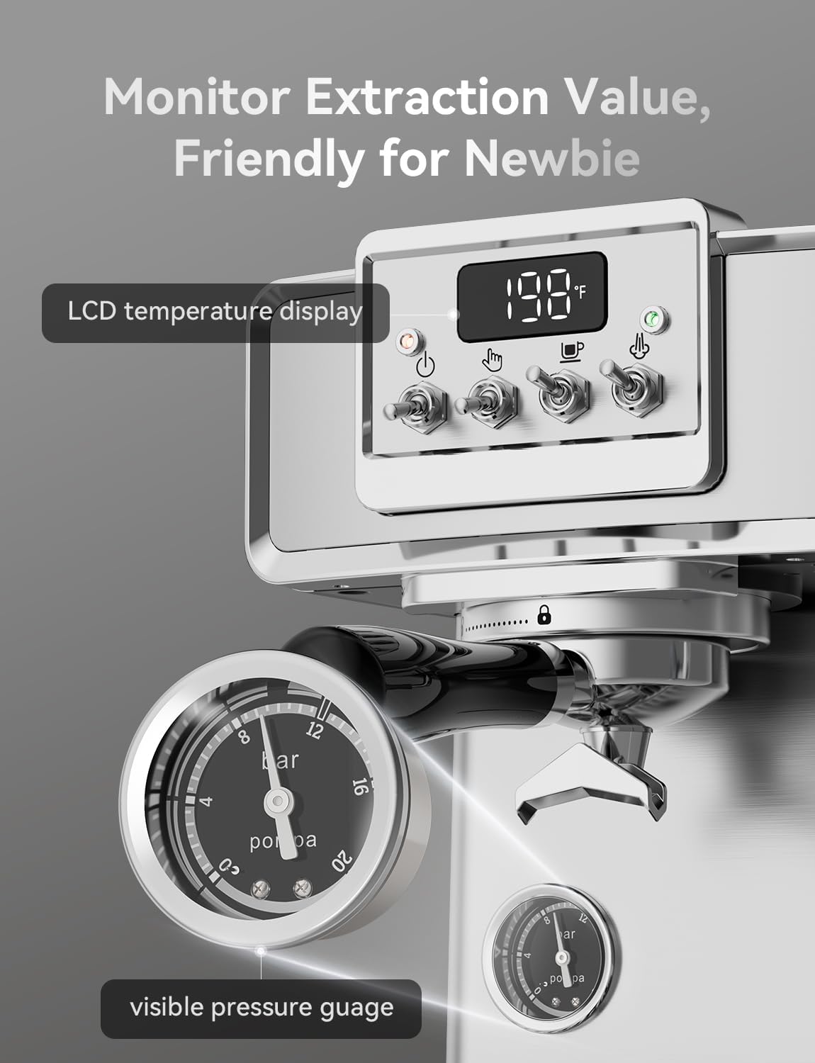 Neretva Espresso Coffee Machine, Professional Espresso Machine with Pressure Gauge 15Bar Retro Espresso Maker with Power Milk Frother Stainless Steel for Home Barista Latte and Cappuccino Maker-Silver