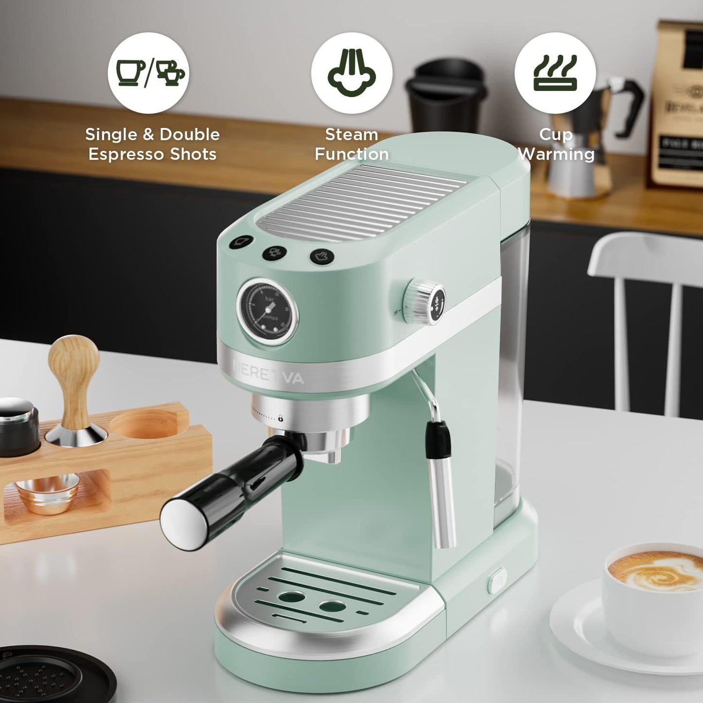 Neretva 20 Bar Espresso Coffee Machine with Steam Wand for Latte Espresso and Cappuccino, Compact Espresso Maker For Home Barista, 1350W Premium Italian High Pressure - Mint Green