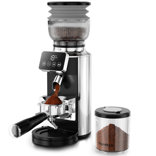 Neretva Burr Coffee Grinder, 2 in 1 Professional Espresso Grinder Stainless Steel Suit 51~58mm Portafilter Coffee Bean Grinder 30 Precise Setting & Anti-Static for Espresso/French Press/Drip/Cold Brew