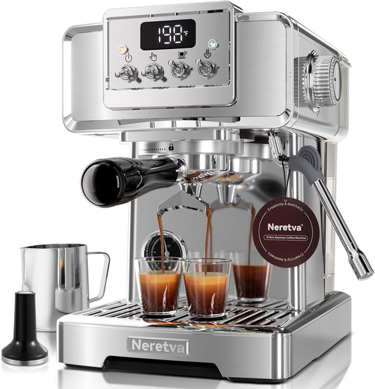 Neretva Espresso Coffee Machine, Professional Espresso Machine with Pressure Gauge 15Bar Retro Espresso Maker with Power Milk Frother Stainless Steel for Home Barista Latte and Cappuccino Maker-Silver