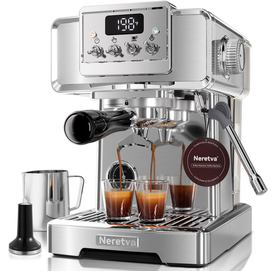 Neretva Espresso Coffee Machine, Professional Espresso Machine with Pressure Gauge 15Bar Retro Espresso Maker with Power Milk Frother Stainless Steel for Home Barista Latte and Cappuccino Maker-Silver