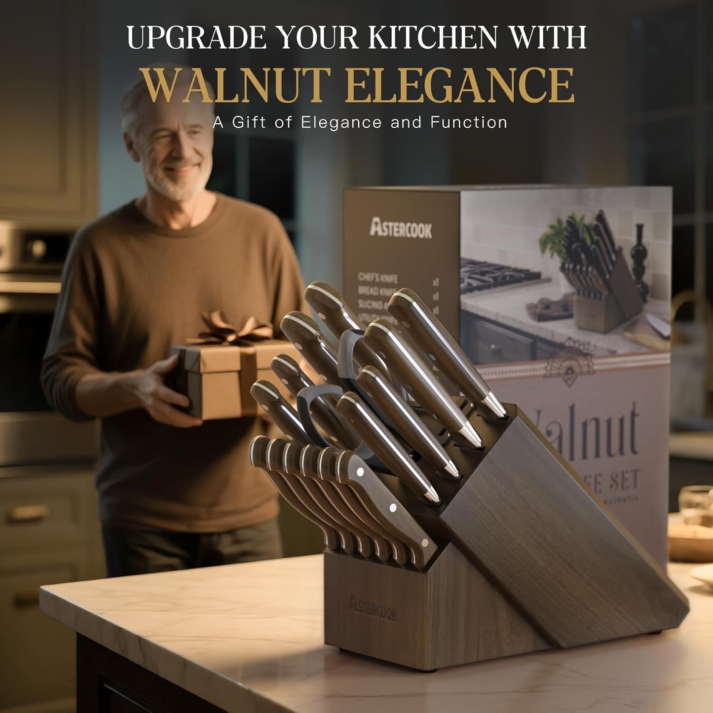Knife Set, Astercook 17-Pieces Forged Kitchen Knife Block Set – Full-Tang Stainless Steel Knives, Forged Triple Rivet, Luxury Walnut Handles, Gift-Ready Collection