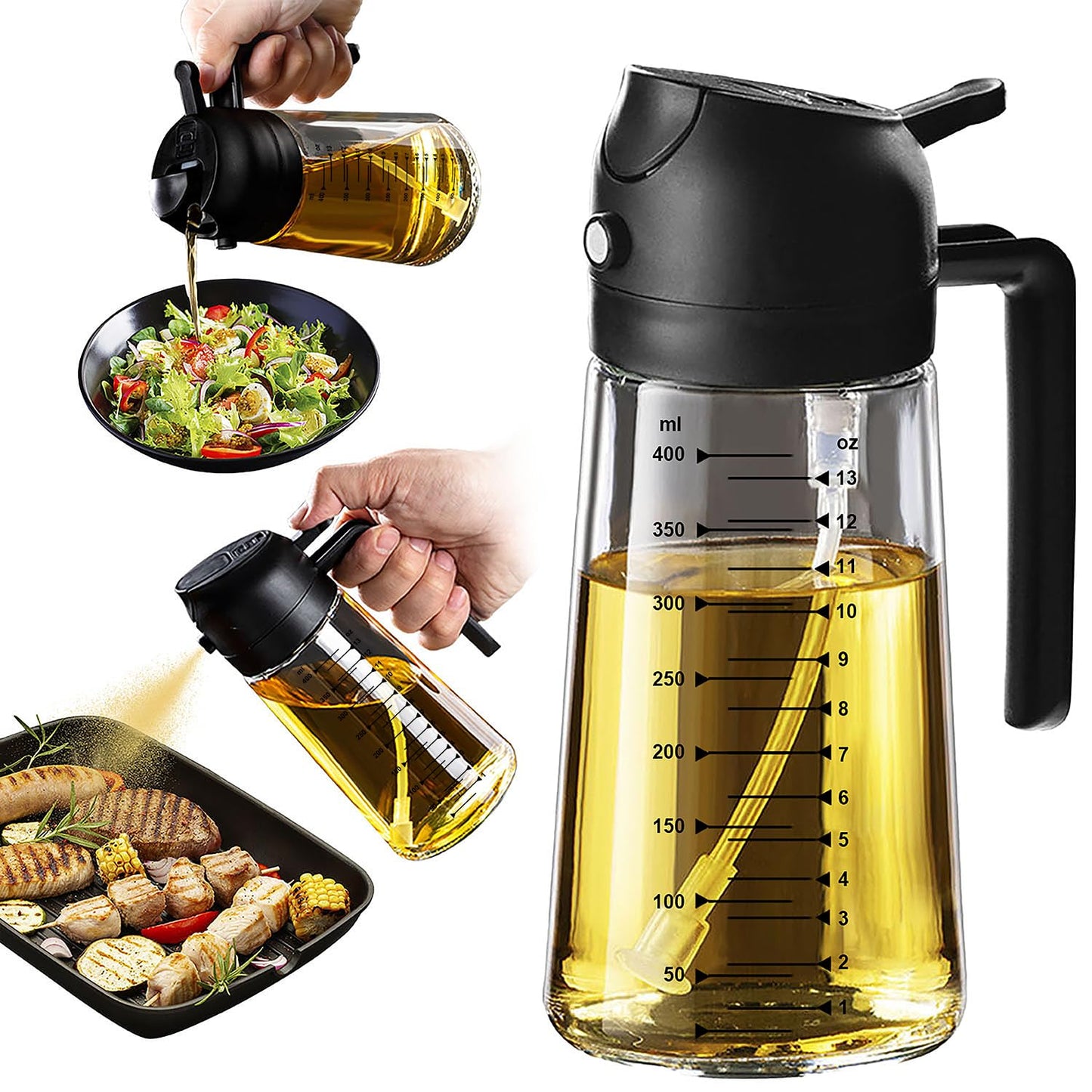 TrendPlain 16oz/470ml Glass Olive Oil Sprayer for Cooking – 2 in 1 Olive Oil Dispenser Bottle for Kitchen Gadgets and Air Fryer Accessories, Salad, BBQ - Black