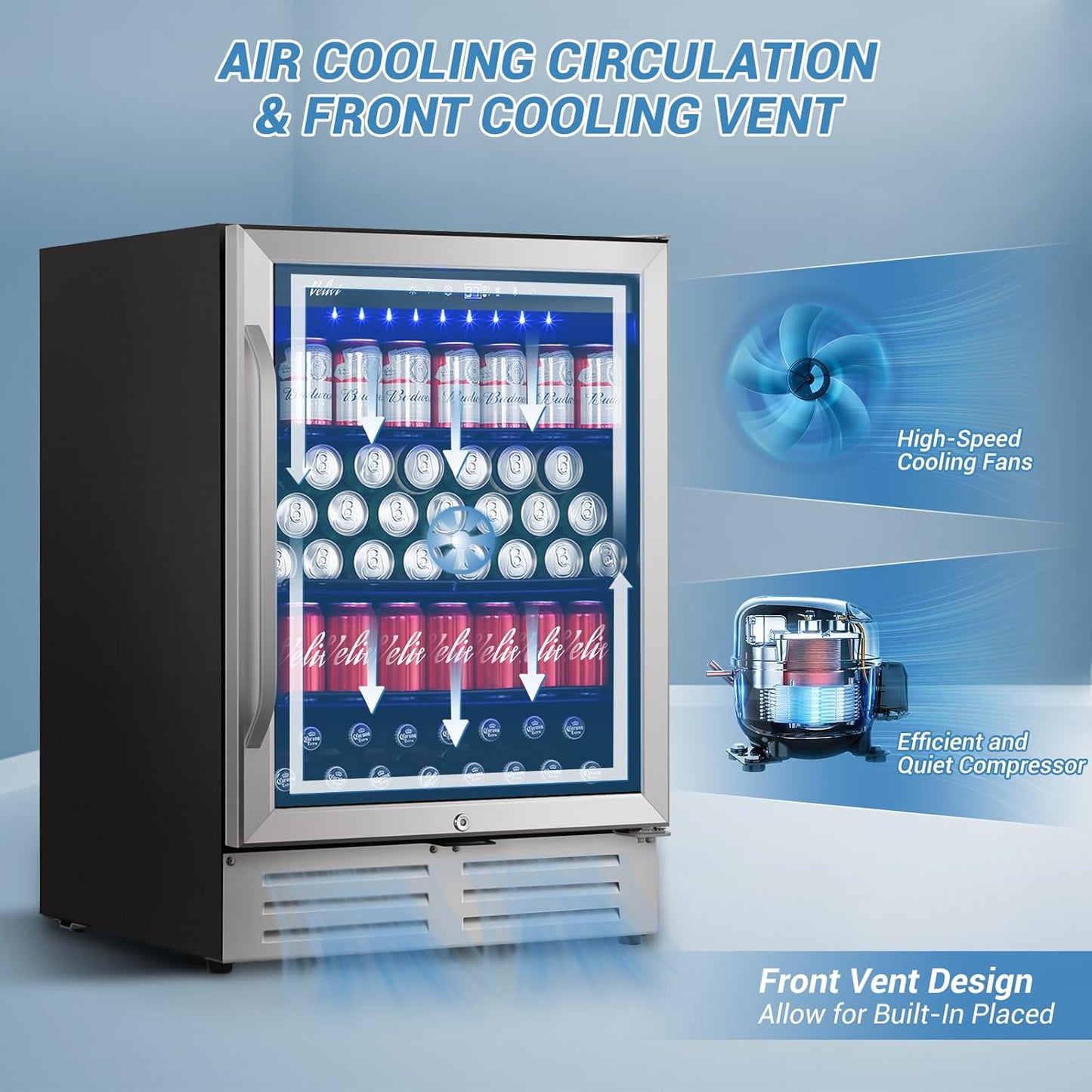 24'' Beverage Refrigerator Cooler,168 Cans Beverage and Beer Fridge with Glass Door, Built-in/Freestanding Drink Fridge for Kitchen, Bar or Office, Stainless Steel Silver