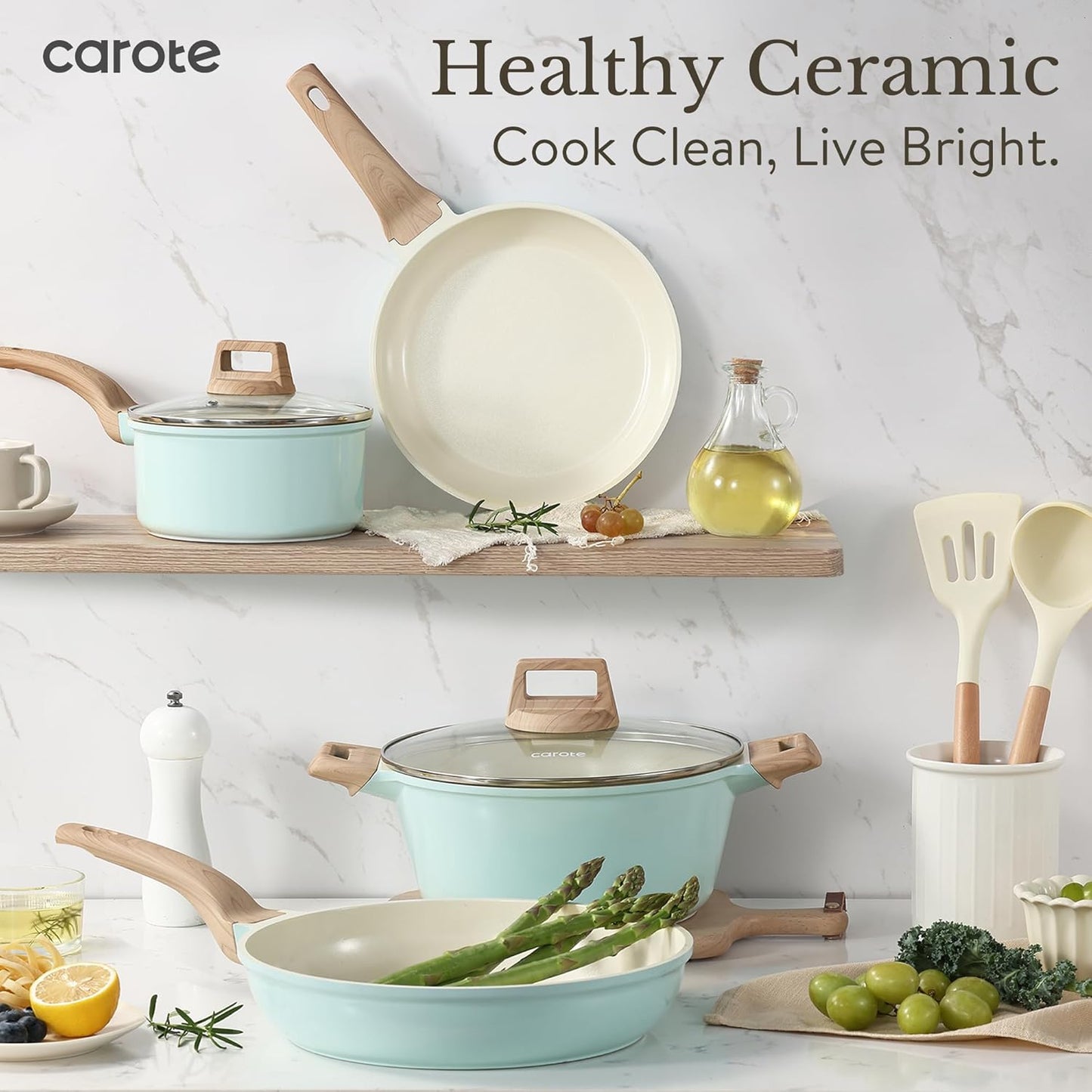 CAROTE 21-Piece Ceramic Pots and Pans Cookware Set, Non Stick Induction Cook Ware Kitchen Cooking Set Non-Toxic Health, PFAS Free