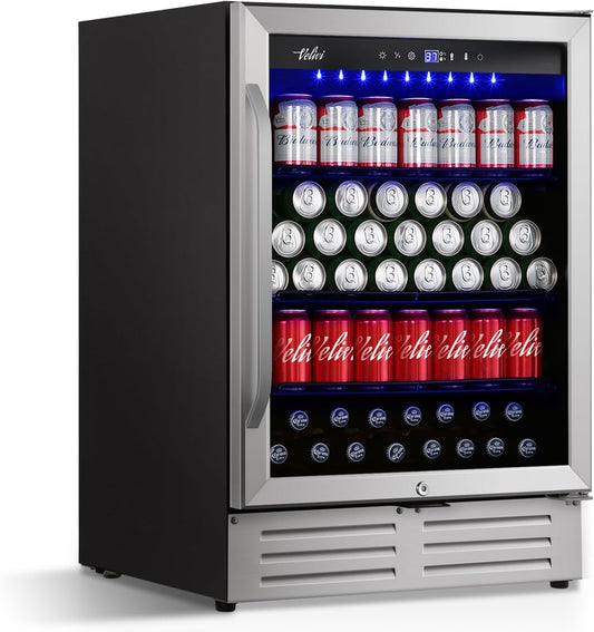 24'' Beverage Refrigerator Cooler,168 Cans Beverage and Beer Fridge with Glass Door, Built-in/Freestanding Drink Fridge for Kitchen, Bar or Office, Stainless Steel Silver