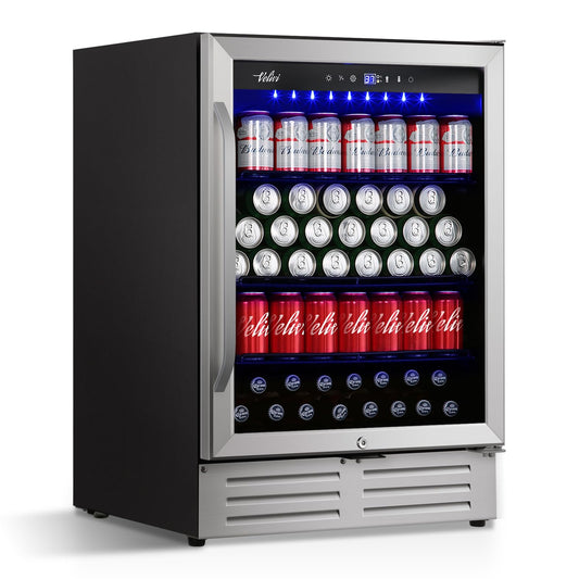 24'' Beverage Refrigerator Cooler,168 Cans Beverage and Beer Fridge with Glass Door, Built-in/Freestanding Drink Fridge for Kitchen, Bar or Office, Stainless Steel Silver