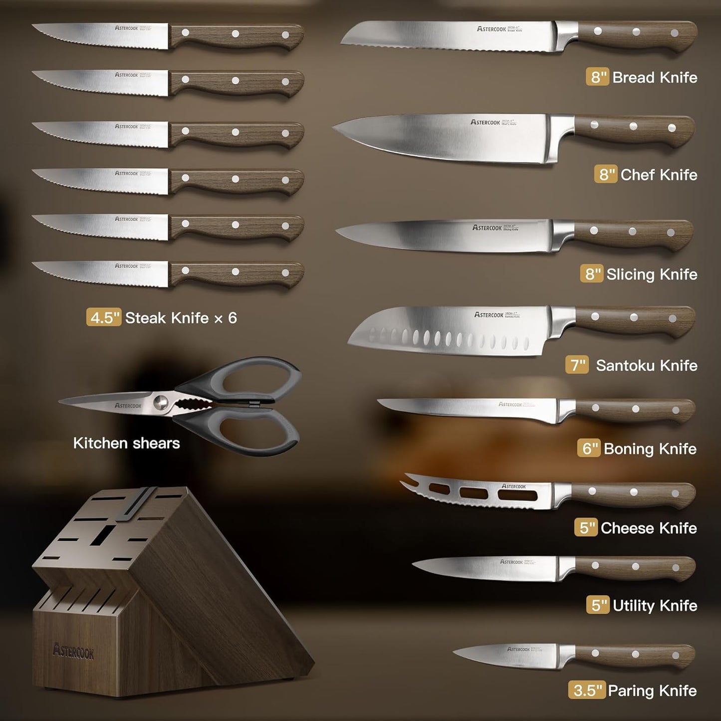Knife Set, Astercook 17-Pieces Forged Kitchen Knife Block Set – Full-Tang Stainless Steel Knives, Forged Triple Rivet, Luxury Walnut Handles, Gift-Ready Collection