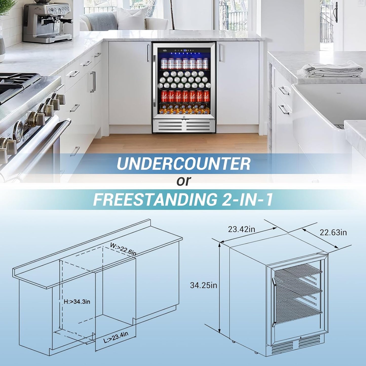 24'' Beverage Refrigerator Cooler,168 Cans Beverage and Beer Fridge with Glass Door, Built-in/Freestanding Drink Fridge for Kitchen, Bar or Office, Stainless Steel Silver