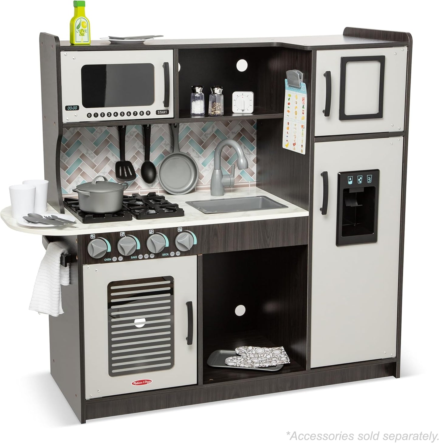 Melissa & Doug Chef's Wooden Pretend Play Kitchen for Kids with “Ice” Cube Dispenser – Charcoal Gray - FSC Certified