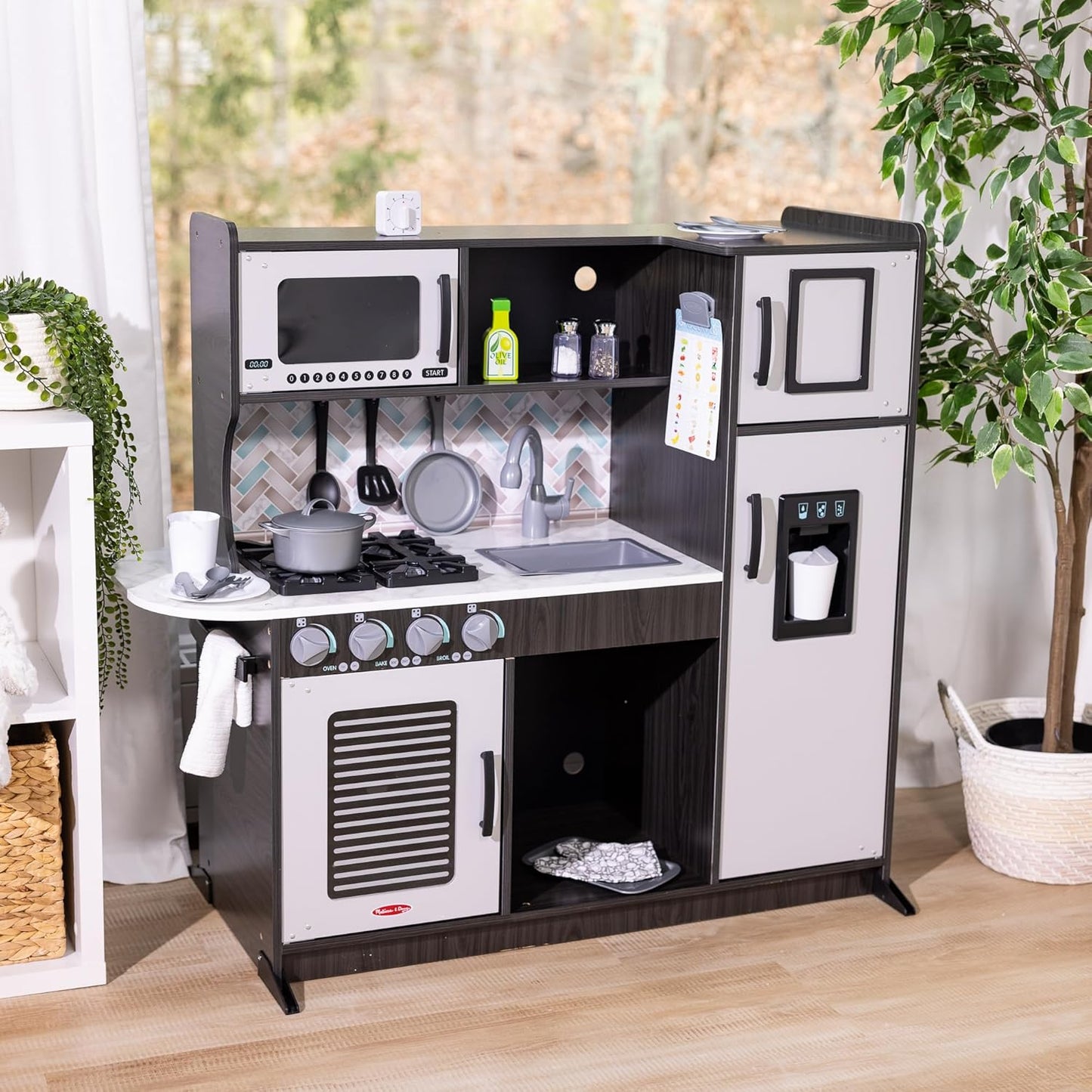 Melissa & Doug Chef's Wooden Pretend Play Kitchen for Kids with “Ice” Cube Dispenser – Charcoal Gray - FSC Certified