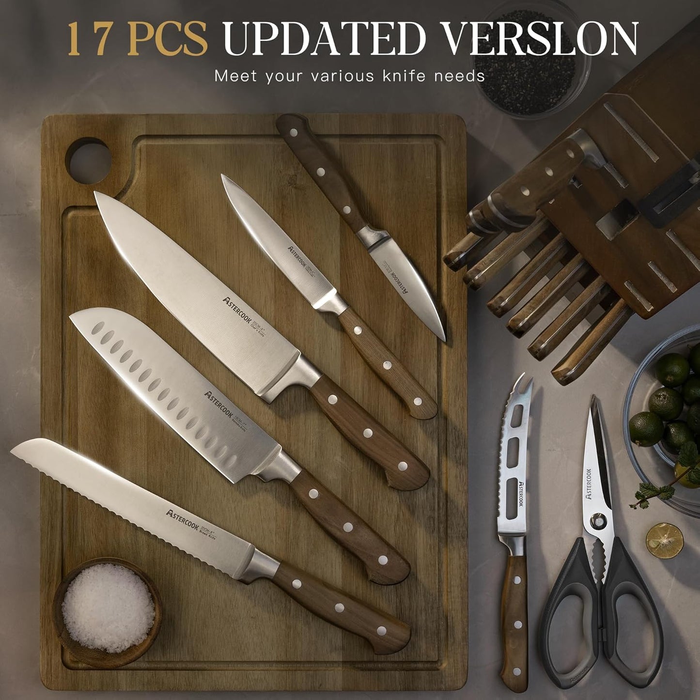Knife Set, Astercook 17-Pieces Forged Kitchen Knife Block Set – Full-Tang Stainless Steel Knives, Forged Triple Rivet, Luxury Walnut Handles, Gift-Ready Collection