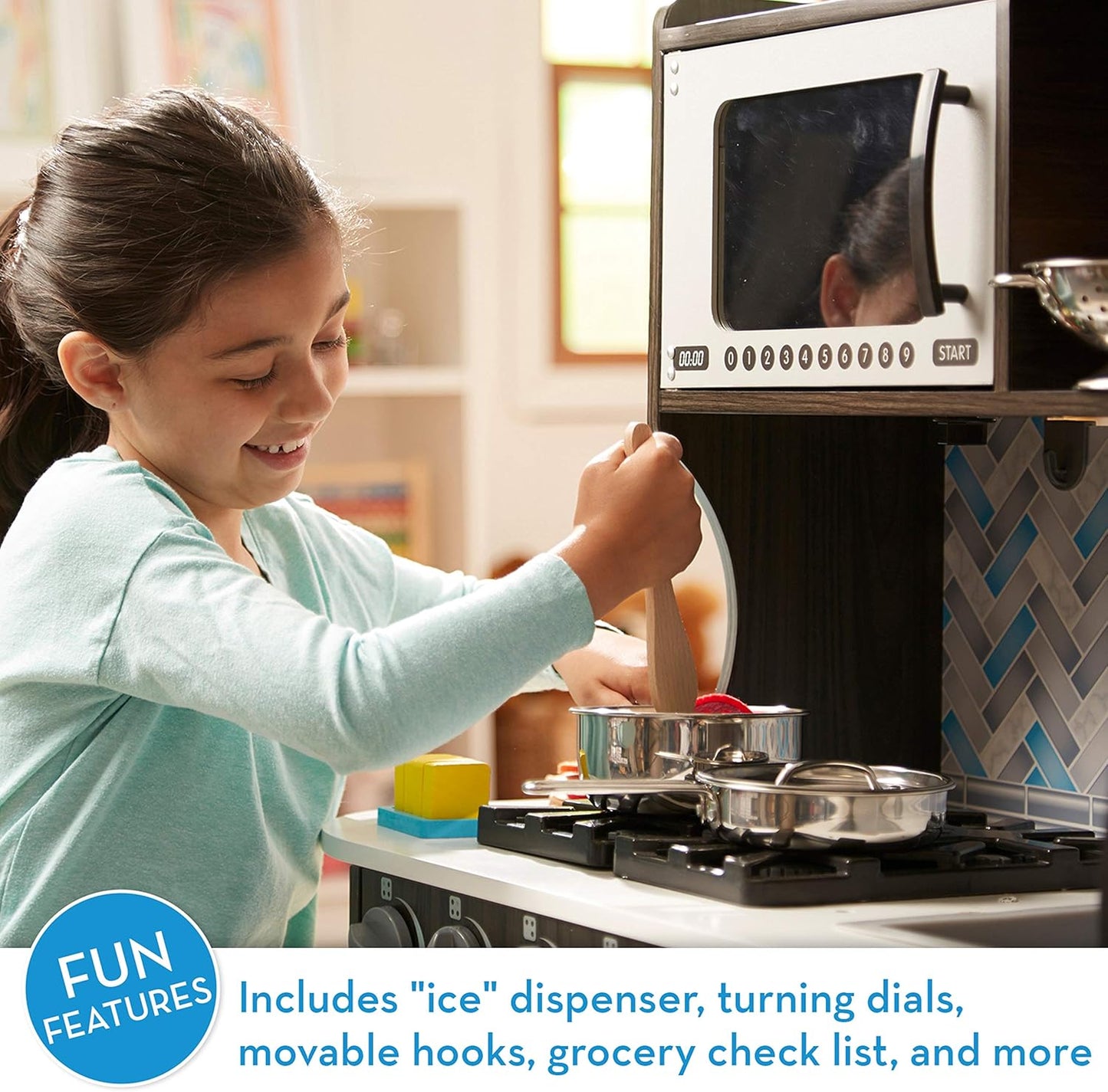 Melissa & Doug Chef's Wooden Pretend Play Kitchen for Kids with “Ice” Cube Dispenser – Charcoal Gray - FSC Certified