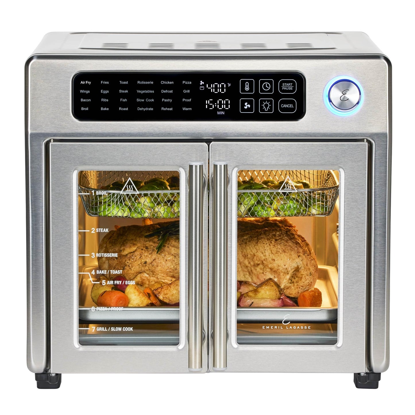 Emeril Lagasse Extra Large French Door Air Fryer Toaster Oven Combo, 24 Cooking Functions and Digital Controls, 7 Accessories Included, Stainless Steel Finish, 26QT Capacity