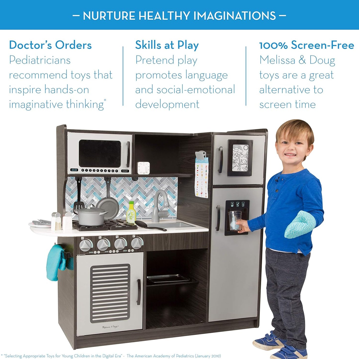 Melissa & Doug Chef's Wooden Pretend Play Kitchen for Kids with “Ice” Cube Dispenser – Charcoal Gray - FSC Certified